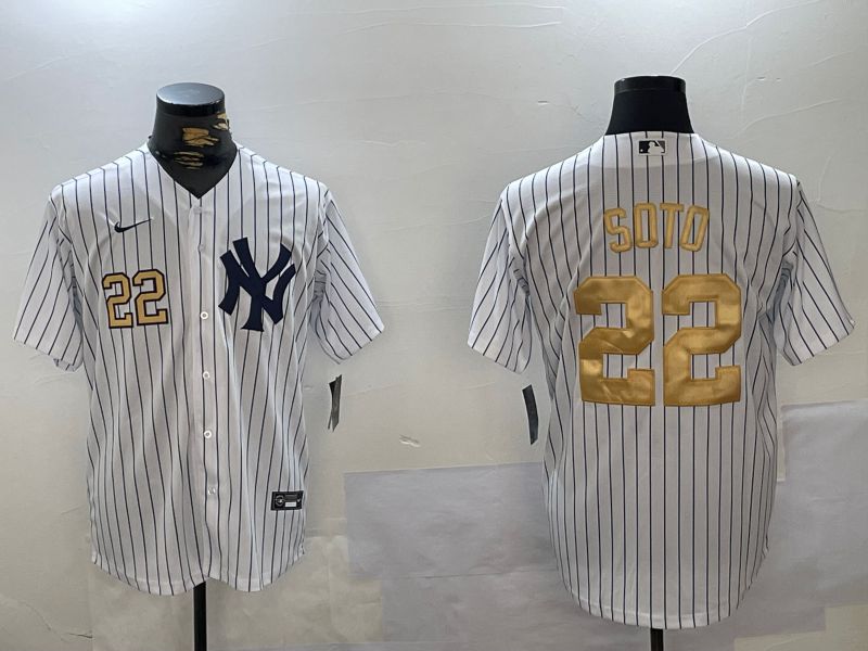 Men New York Yankees 22 Soto White Stripe Fashion Nike 2024 MLB Jersey style 6